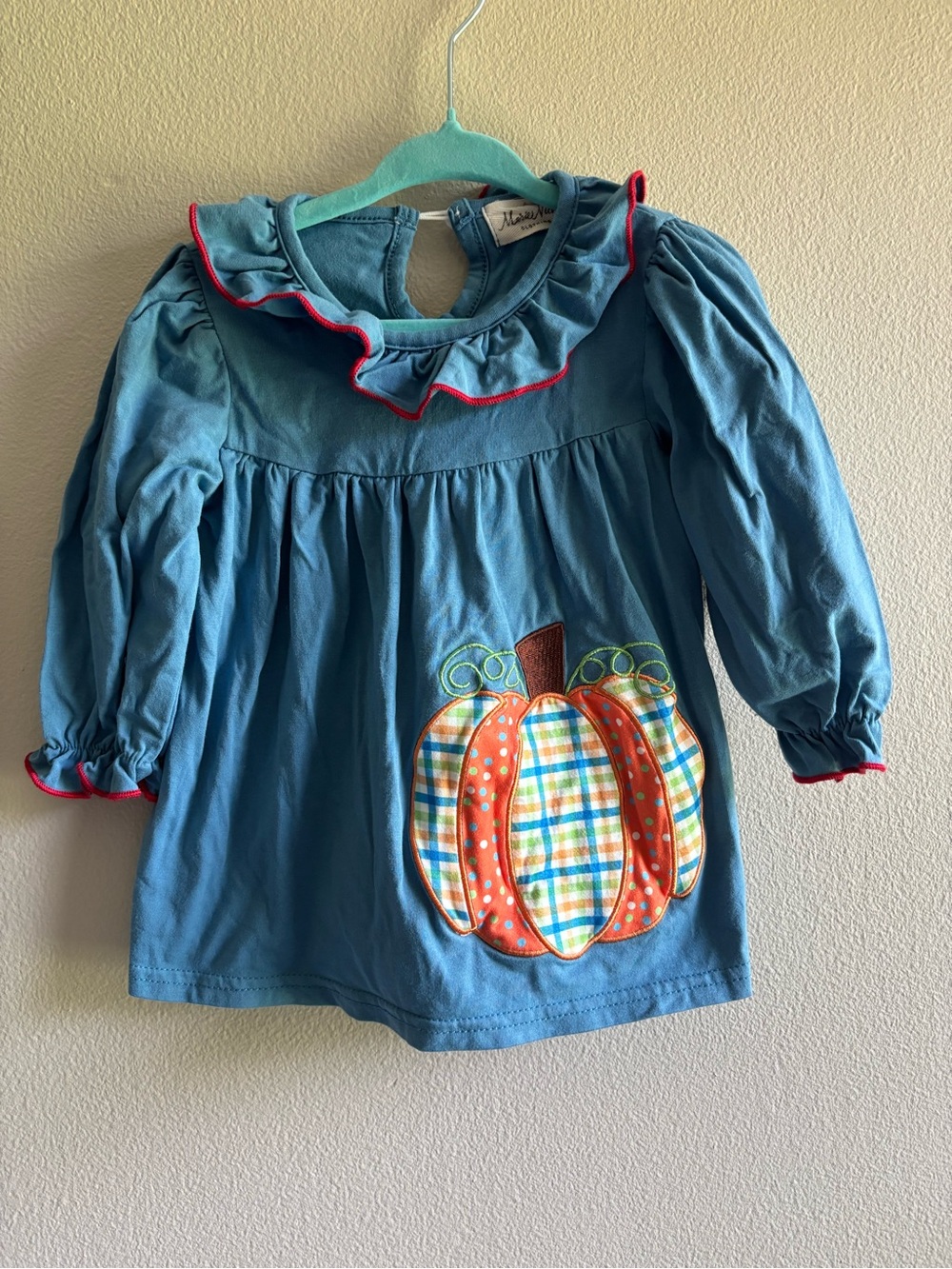 Marie Nicole Blue Pumpkin Appliqué Ruffle Dress
